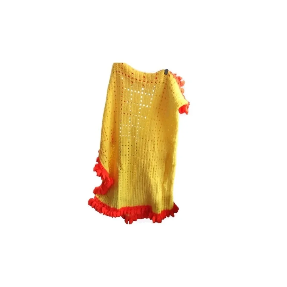 Neon Yellow And Orange Handmade Crochet Afghan Blanket With Ruffle Trim 90